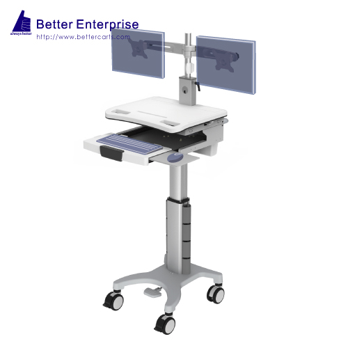 Dual Monitors Height Adjustable Mobile Computer Cart (Foot Pedal)
