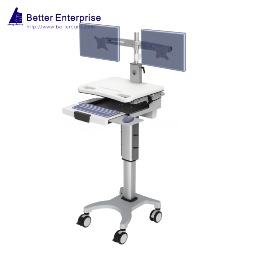 Dual Monitors Height Adjustable Mobile Computer Cart (Hand Lever)