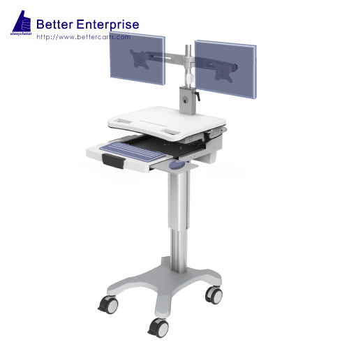 Dual Monitors Height Adjustable Mobile Computer Cart (Hand Lever)