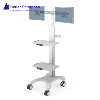 Mobile Equipment Cart with Dual LCD Monitor Mount and 2 Shelves