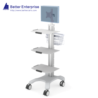 Mobile Equipment Cart with LCD Monitor Mount, 3 Shelves and Utility Basket