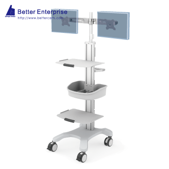 Mobile Equipment Cart with Dual LCD Monitor Mount, 2 Shelves and Utility Bin