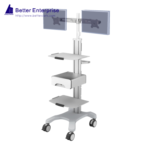Mobile Equipment Cart with Dual LCD Monitor Mount, 2 Shelves and Storage Drawer