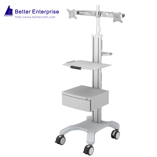 Mobile Equipment Cart with Dual LCD Monitor Mount, 1 Shelf and Large Storage Drawer